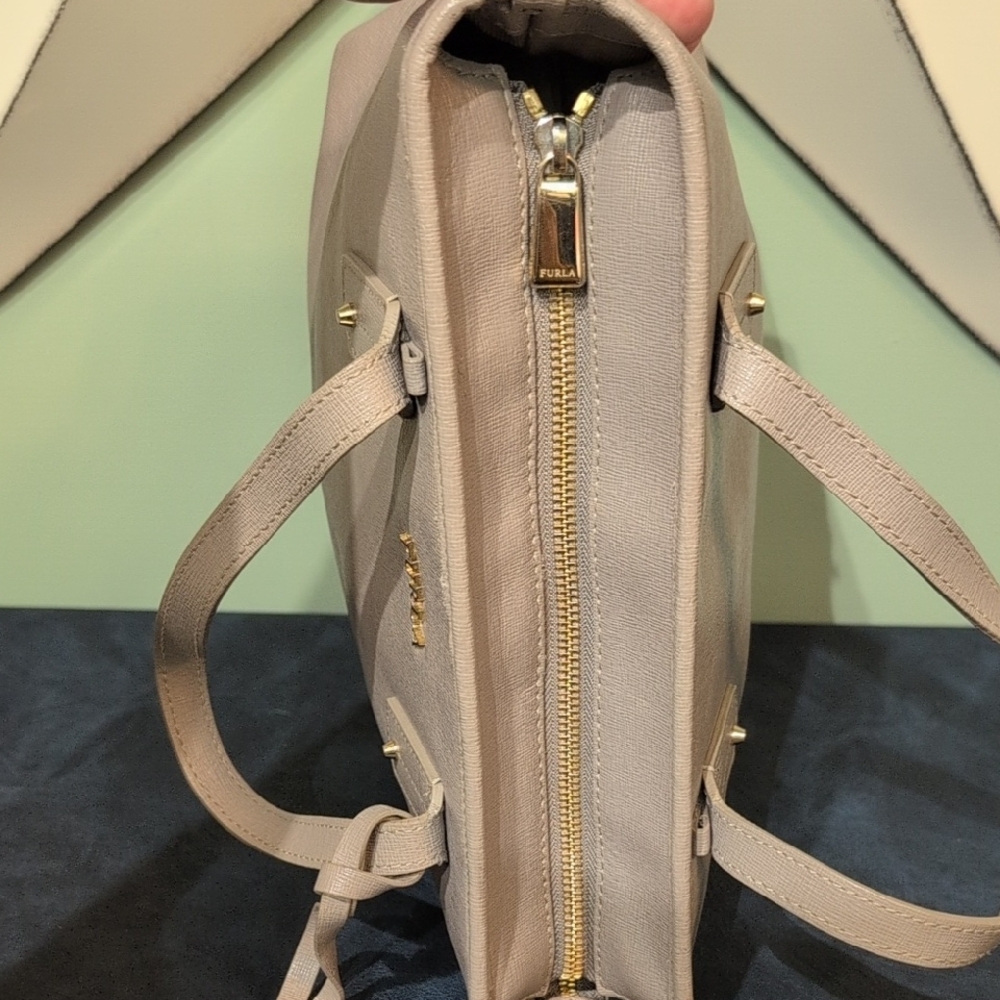Furla Taupe Leather Tote Handbag Nice Purse 13 x 8 Stylish Club Career - Picture 9 of 16